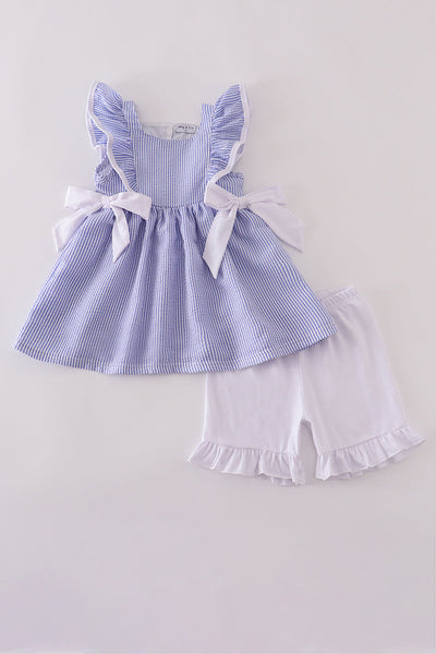 Blue stripe seersucker shorts set