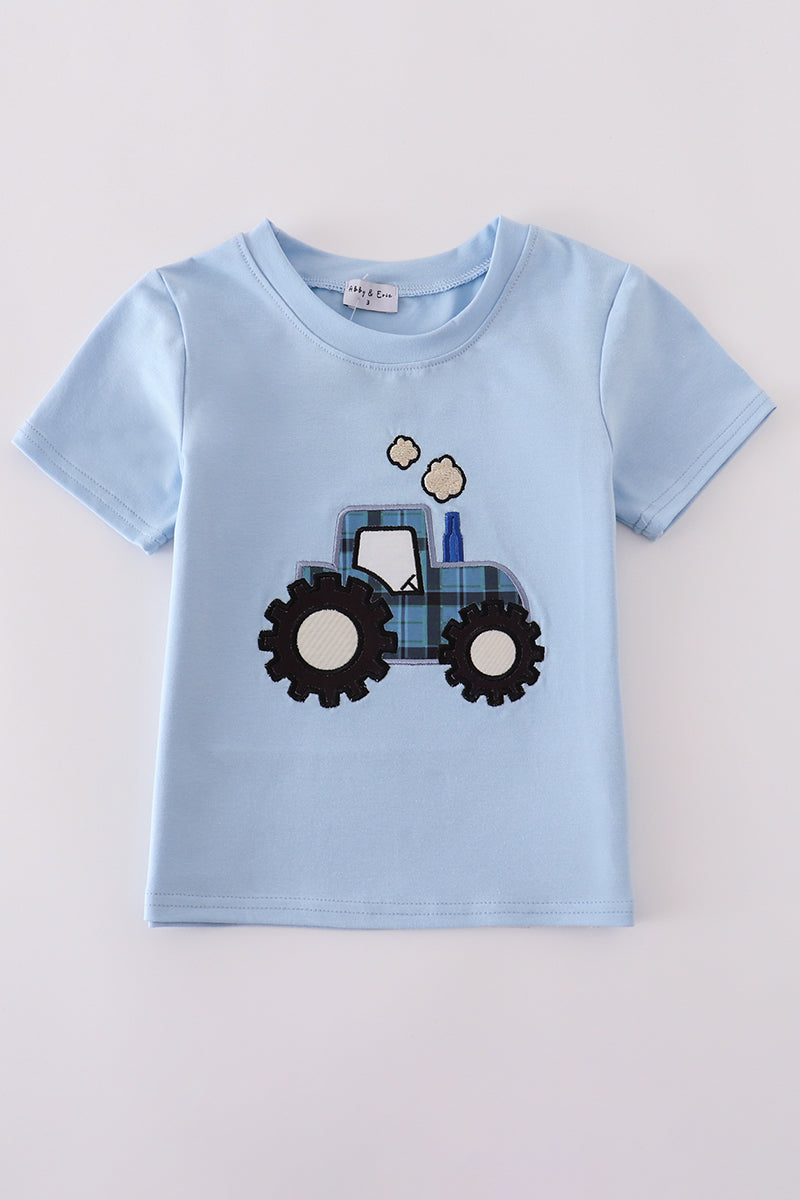 Blue tractor applique top