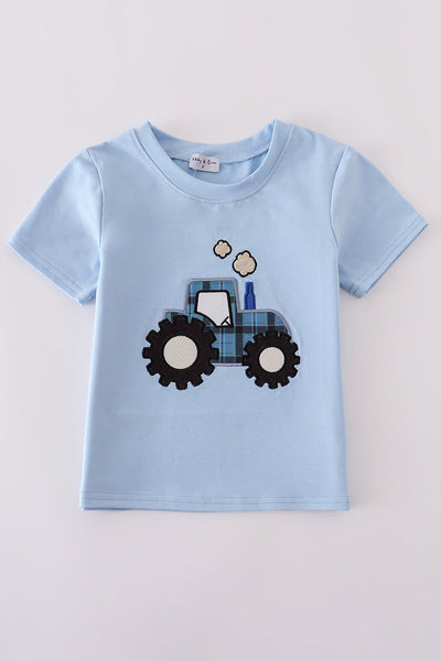 Blue tractor applique top