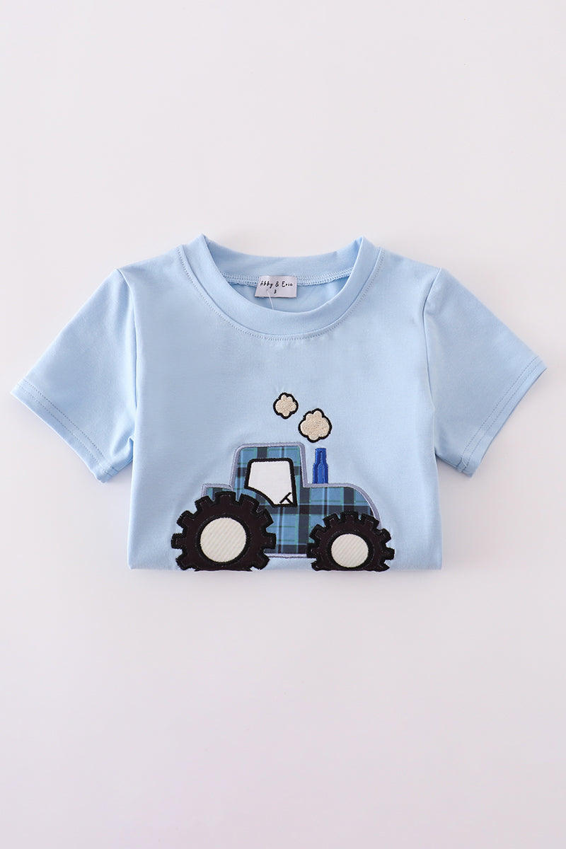 Blue tractor applique top
