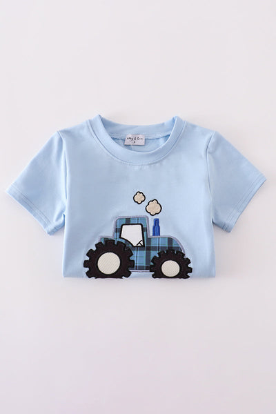 Blue tractor applique top