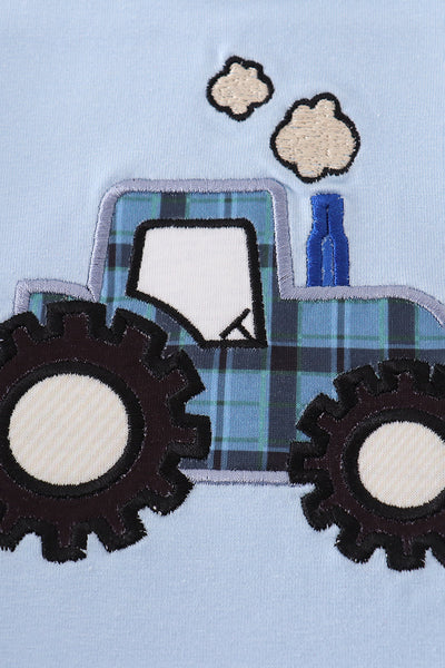 Blue tractor applique top