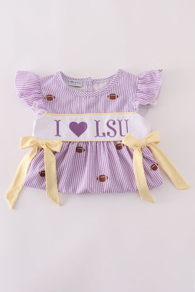 Purple stripe seersucker football I love LSU embroidery set