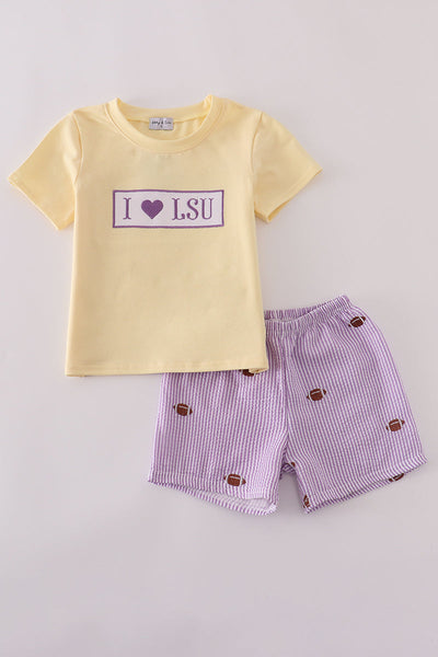 Purple stripe seersucker football I love LSU embroidery set