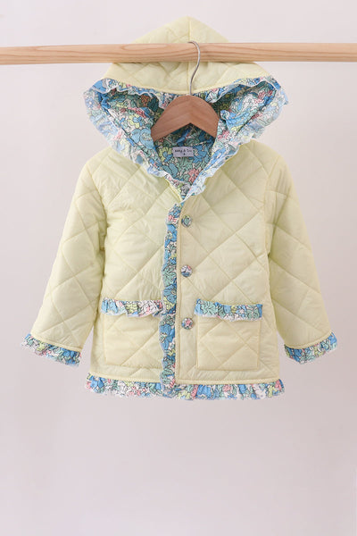Yellow floral print ruffle quilted jacket