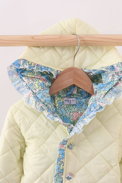 Yellow floral print ruffle quilted jacket