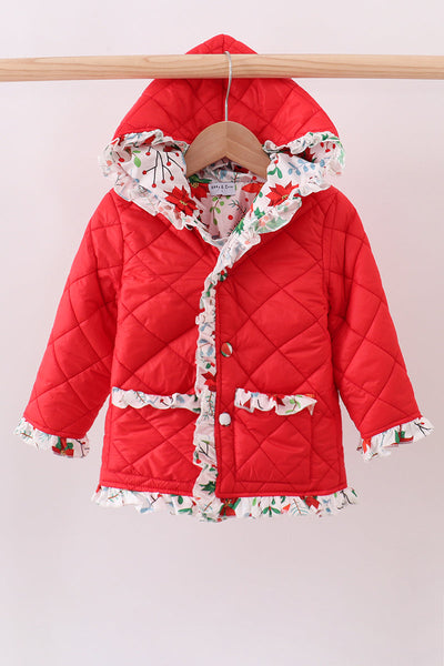 Red floral print ruffle quilted jacket