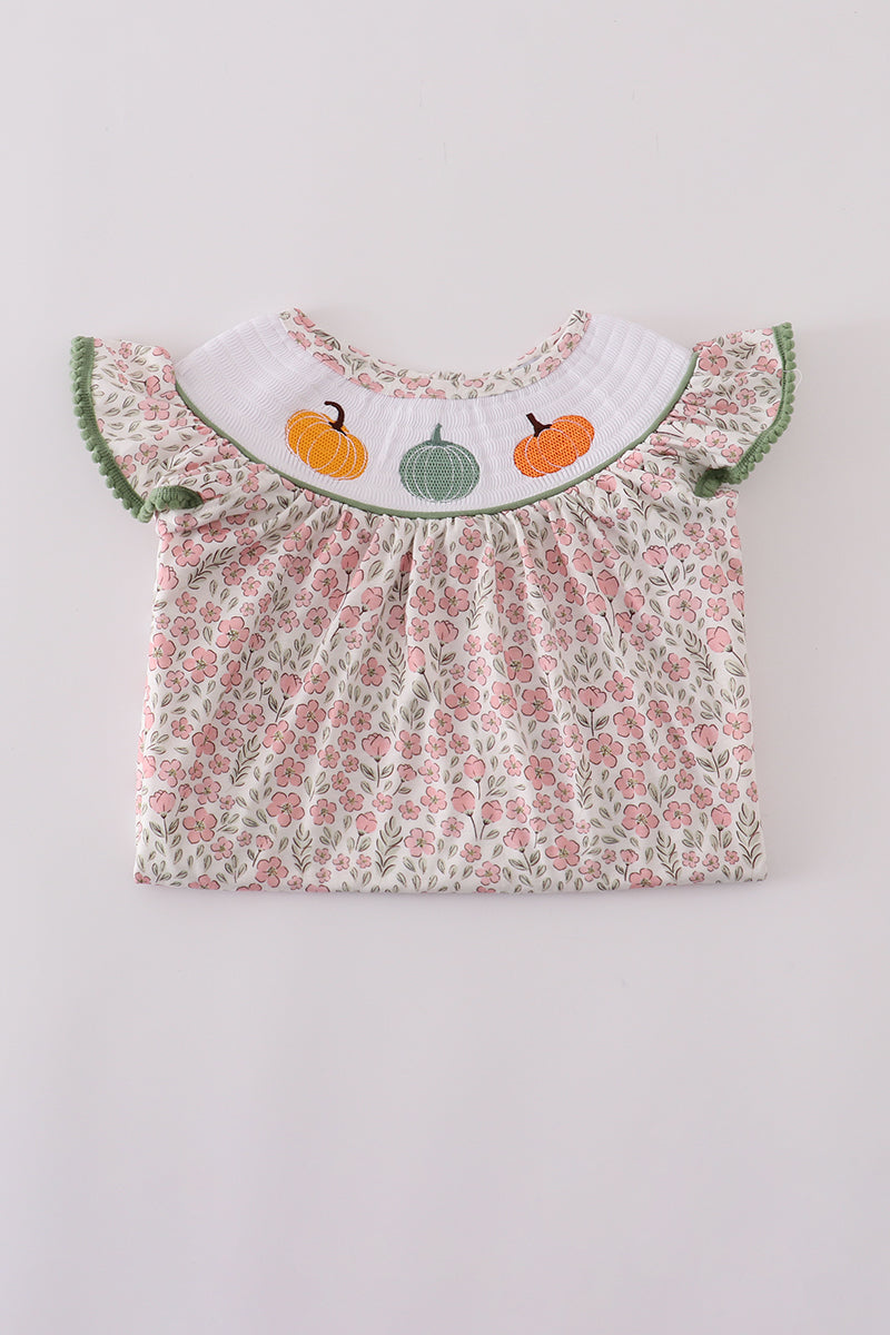 Pink pumpkin smocked floral ruffle pants set
