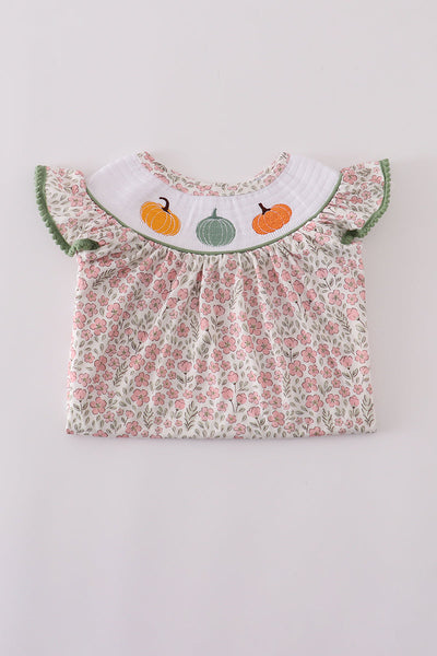 Pink pumpkin smocked floral ruffle pants set