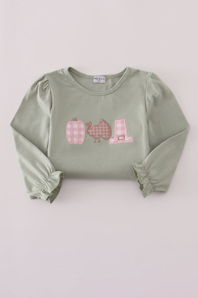 Sage pumpkin turkey applique skorts set