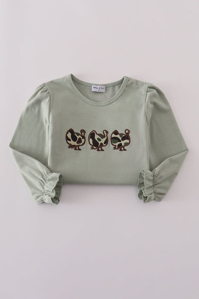 Sage camouflage turkey applique ruffle pants set
