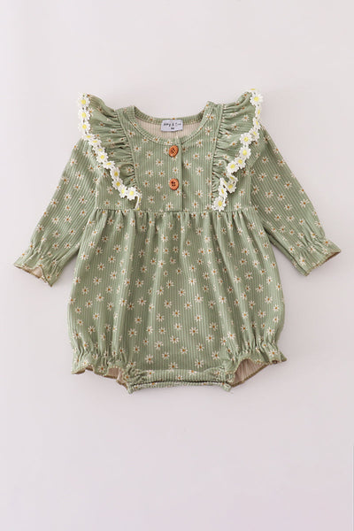 Green corduroy floral lace ruffle bubble