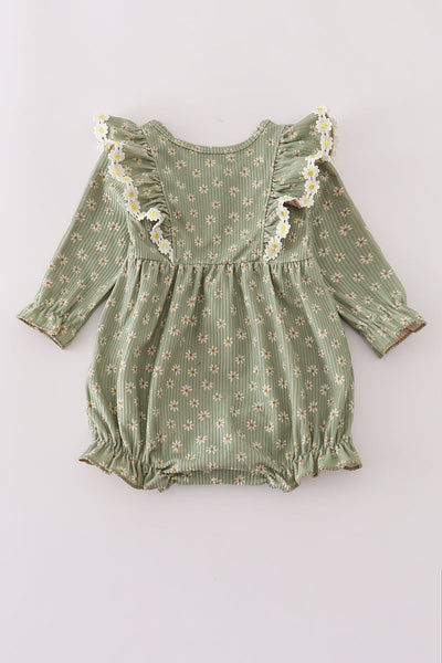 Green corduroy floral lace ruffle bubble