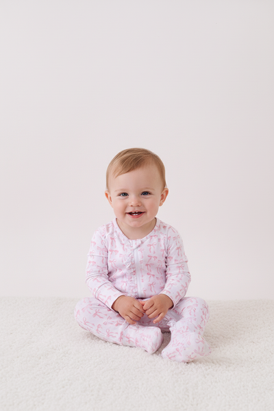 Premium tiny bow delight ruffle bamboo romper