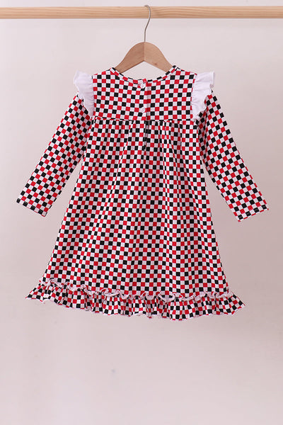 Checkered Georgia dog applique ruffle dress