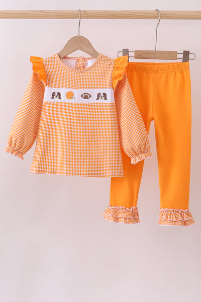 Premium Orange Tennessee puppy football embroidery ruffle pants set