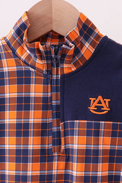 Premium Navy Auburn embroidery plaid top