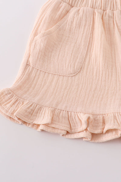 Premium Apricot muslin bow shorts set