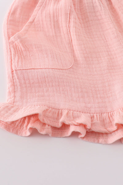 Premium Pink muslin bow shorts set