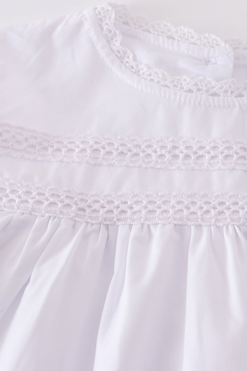 Premium white floral embroidery ruffle dress