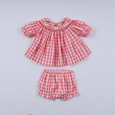Red christmas santa claus hand smocked plaid bloomer set