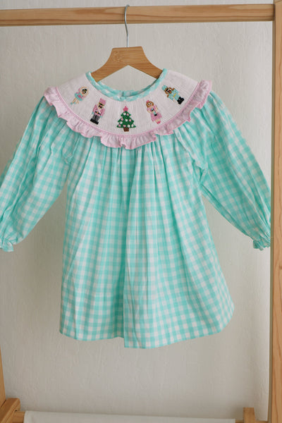 Mint christmas nutcracker hand smocked gingham dress