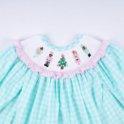 Mint christmas nutcracker hand smocked gingham ruffle pants set
