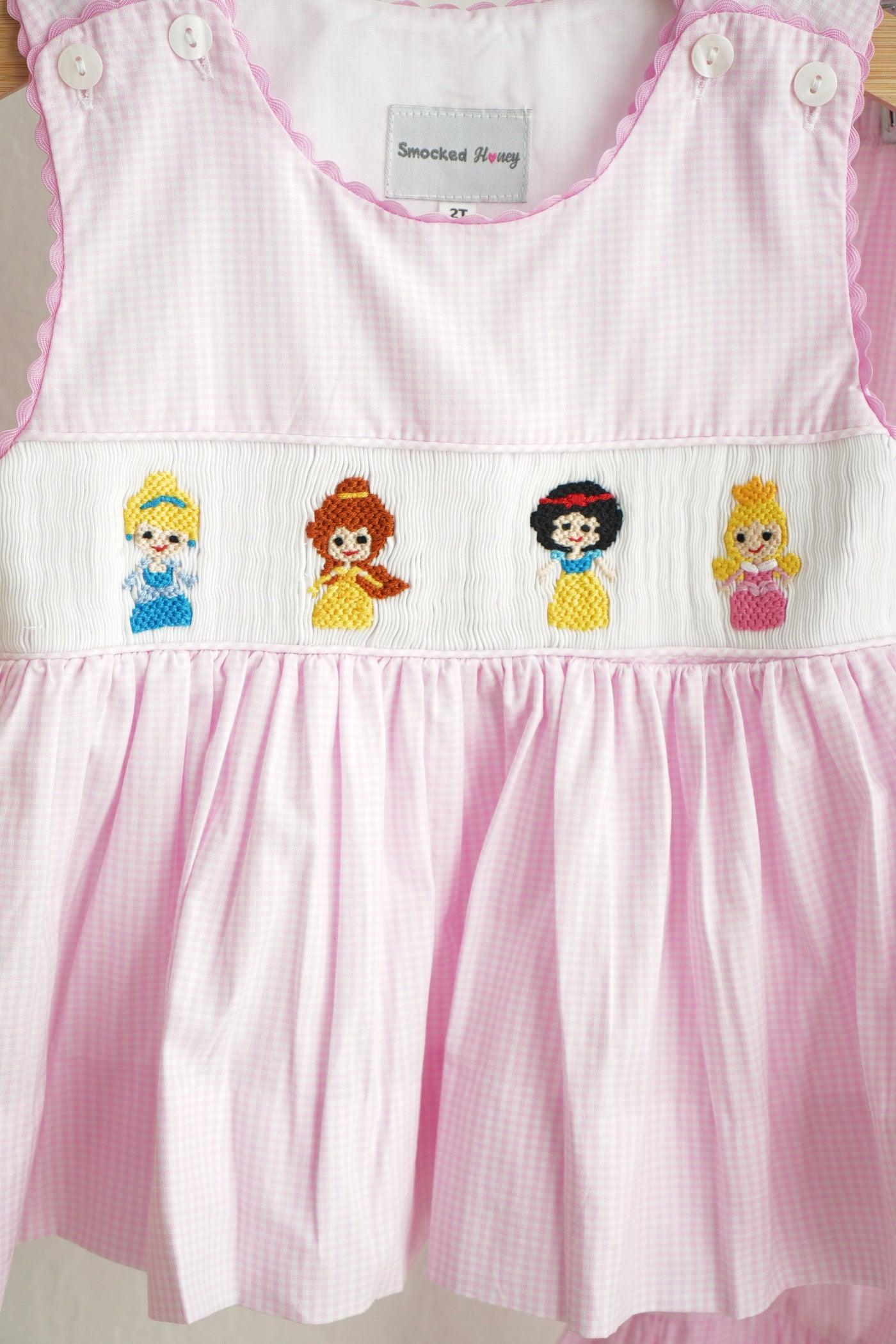 Pink princess hand smocked plaid ruffle pants set