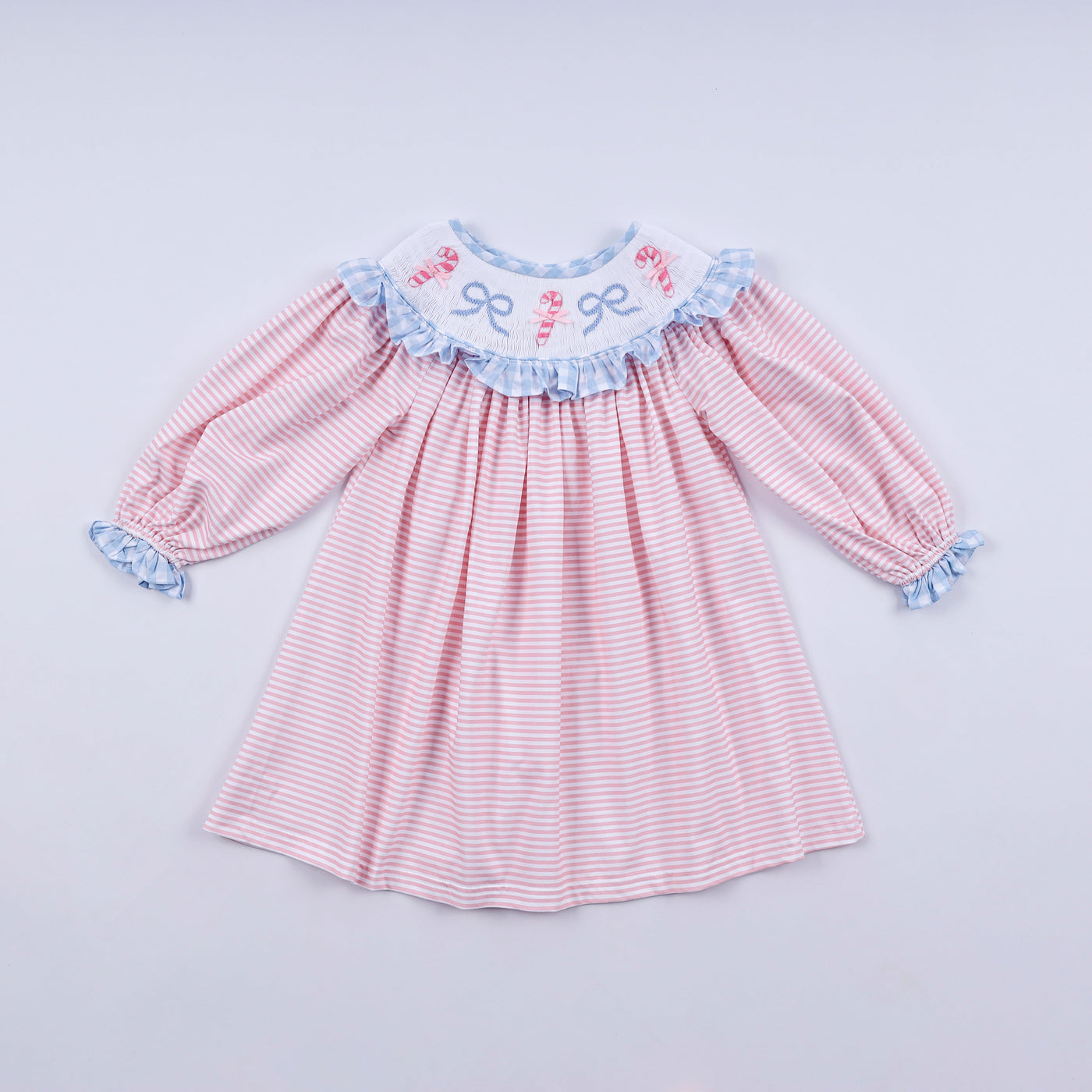 Pink candy cane bow hand smocked ruffle dress