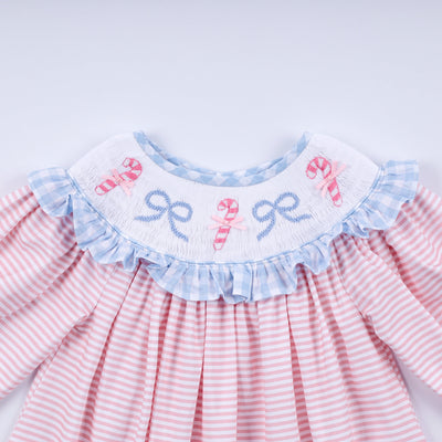 Pink candy cane bow hand smocked ruffle dress