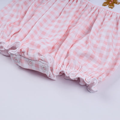 Pink gingerbread hand smocked gingham ruffle bubble