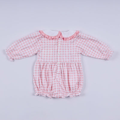 Pink gingerbread hand smocked gingham ruffle bubble
