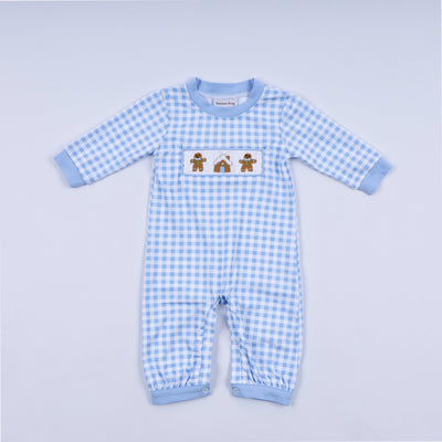 Blue gingerbread hand smocked gingham romper