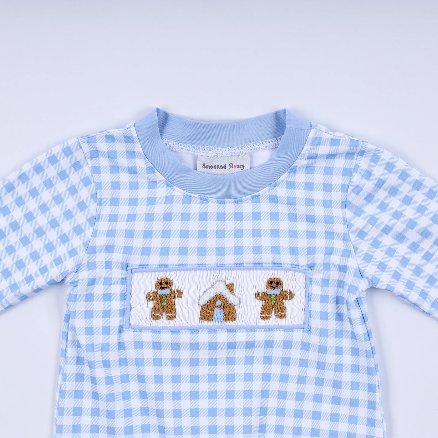 Blue gingerbread hand smocked gingham romper