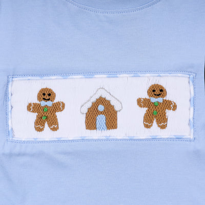 Blue gingerbread hand smocked gingham pants set