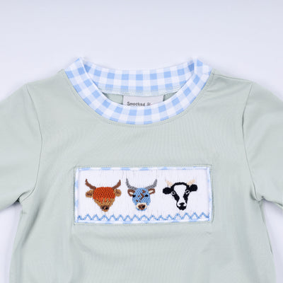 Sage cow hand smocked bubble