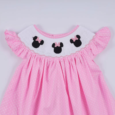 Pink character hand smocked dot ruffle dress