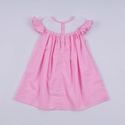 Pink character hand smocked dot ruffle dress