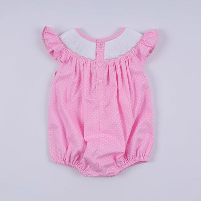 Pink character hand smocked dot ruffle bubble