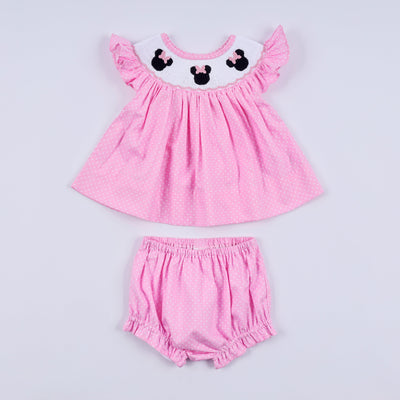 Pink character hand smocked dot ruffle bloomer set