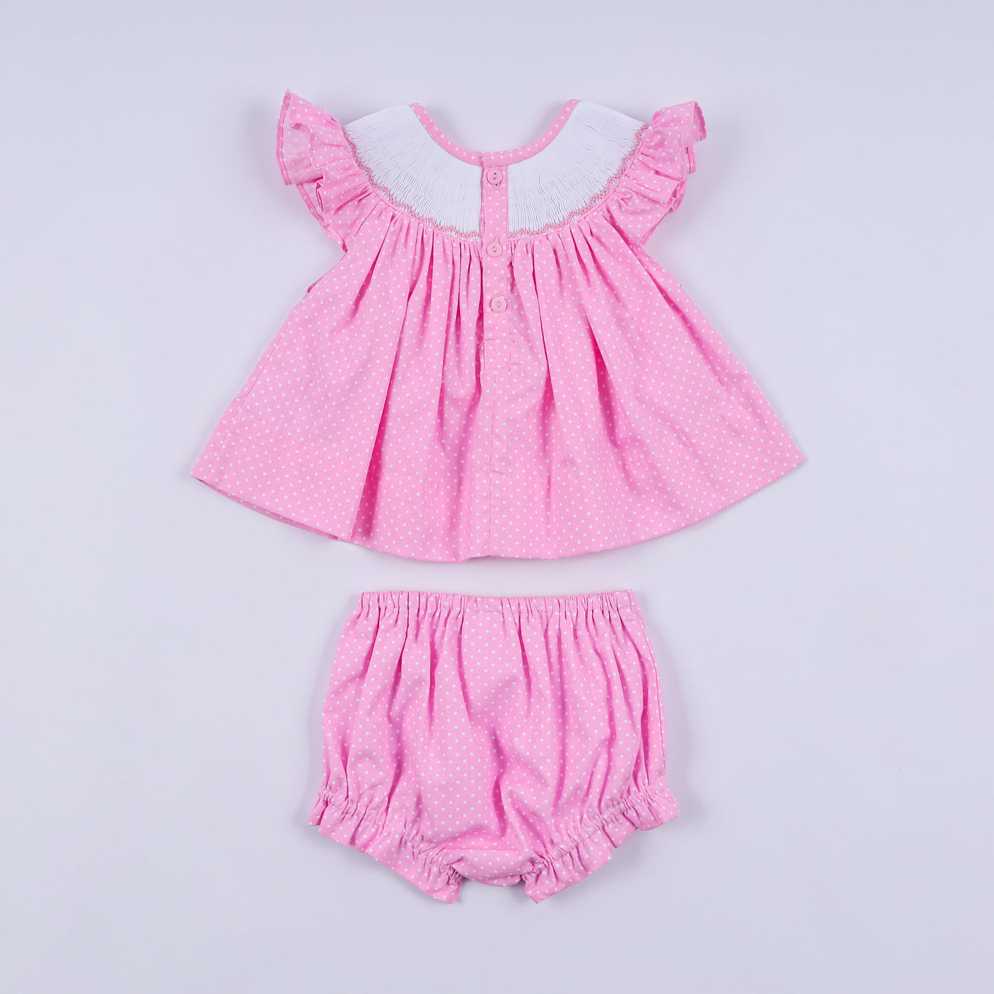 Pink character hand smocked dot ruffle bloomer set