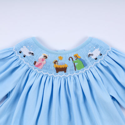 Blue nativity hand smocked bloomer set