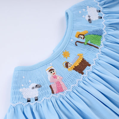 Blue nativity hand smocked ruffle pants set