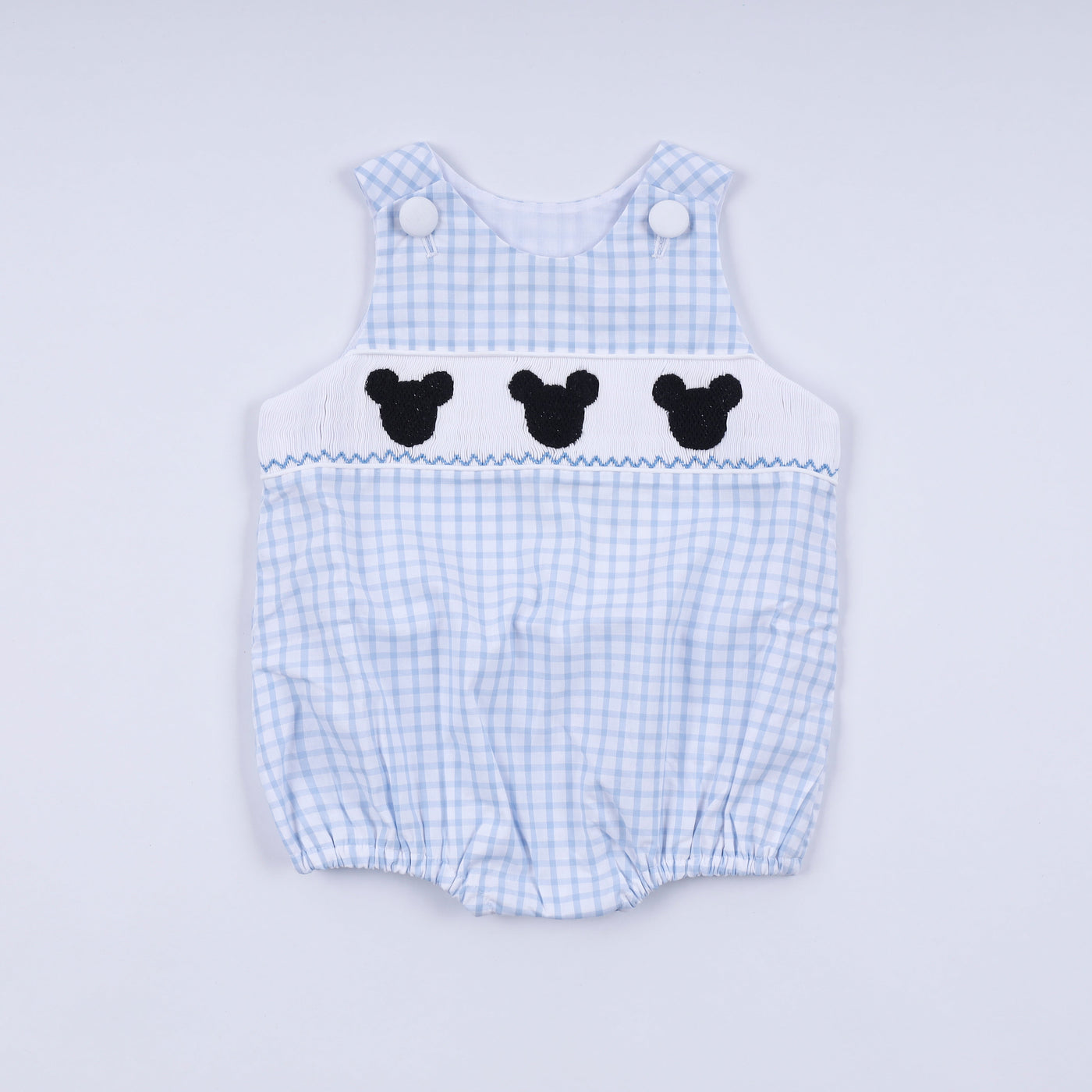 Blue character hand smocked gingham bubble