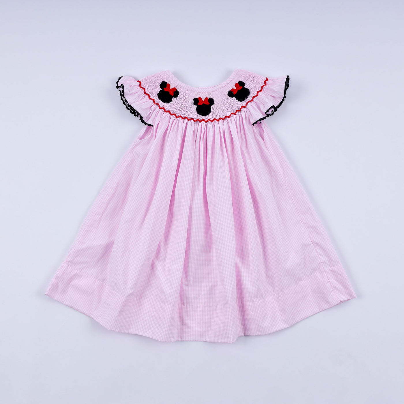 Red character hand smocked plaid ruffle dress