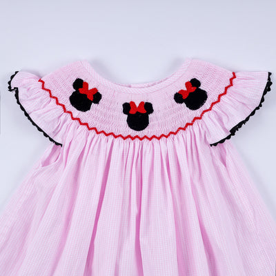 Red character hand smocked plaid ruffle dress