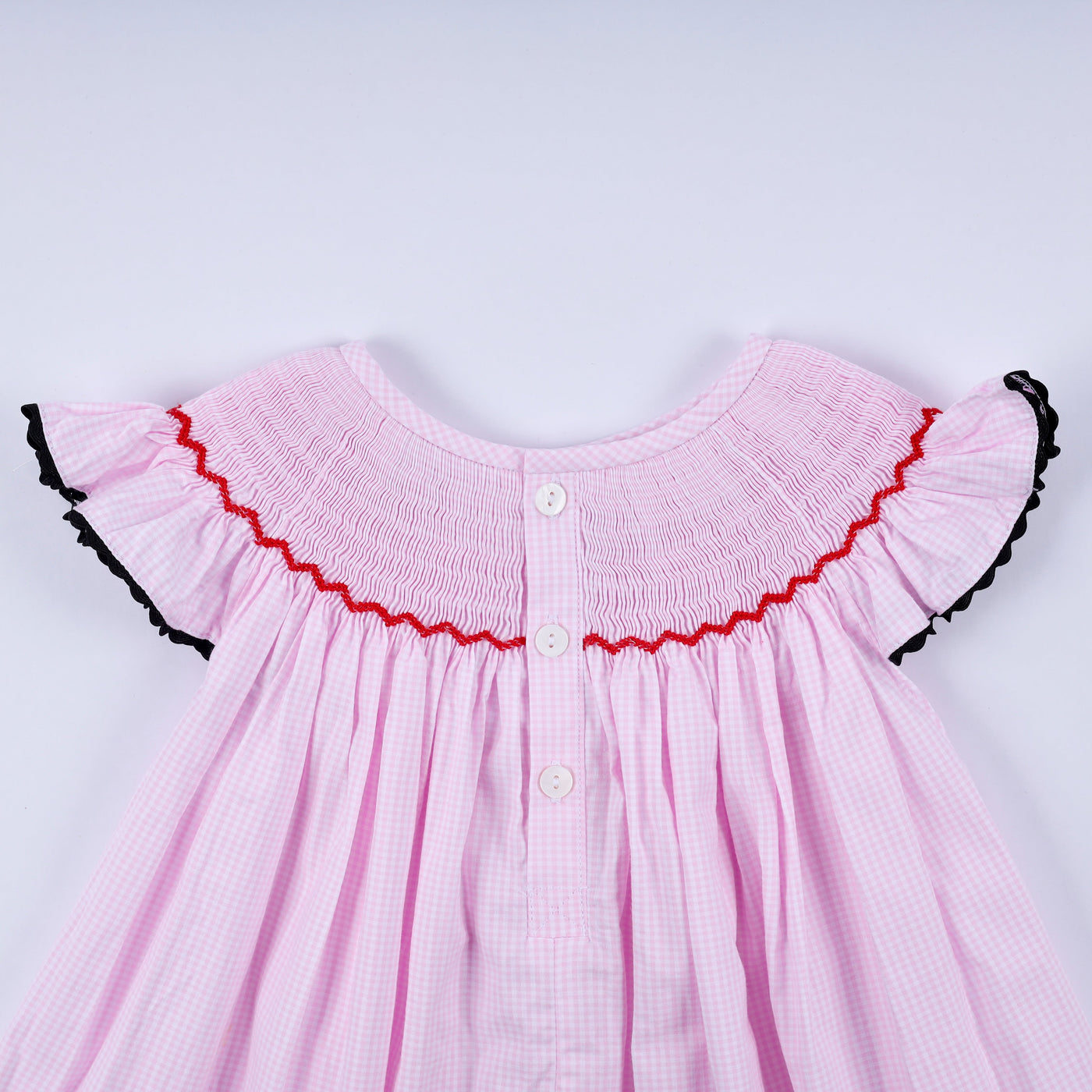 Red character hand smocked plaid ruffle dress