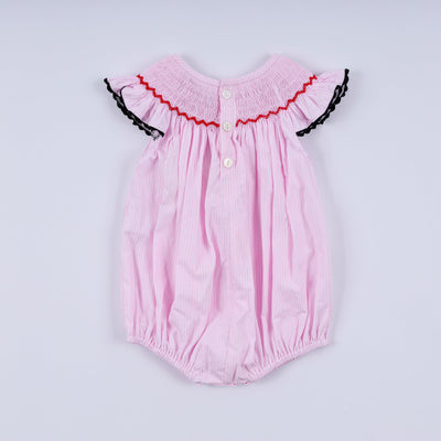Red character hand smocked plaid ruffle bubble