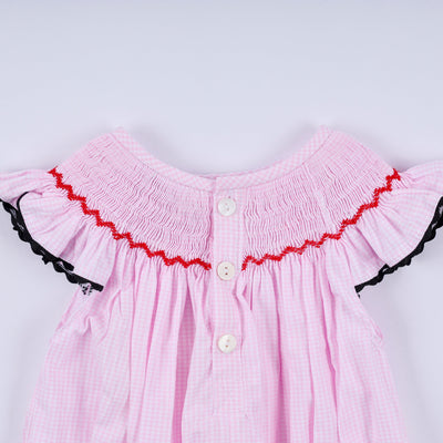 Red character hand smocked plaid ruffle bubble