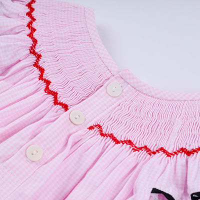 Red character hand smocked plaid ruffle bubble